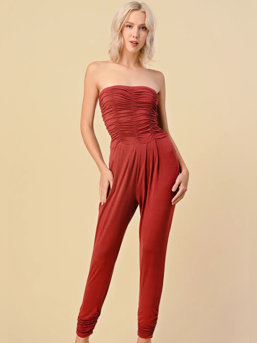Strapless Ruched Jumpsuit in Rust